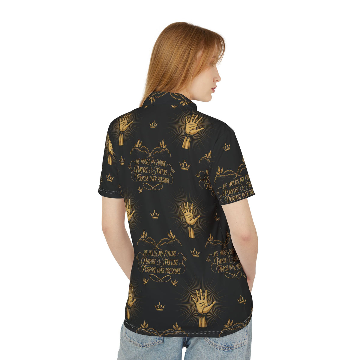 Gold Handprint Pattern Polo Shirt — Inspirational "He Raises Me Up"