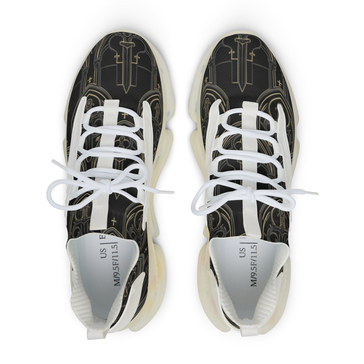 Men’s Athletic Sneakers — Black Gothic Sword Pattern Mesh Trainers