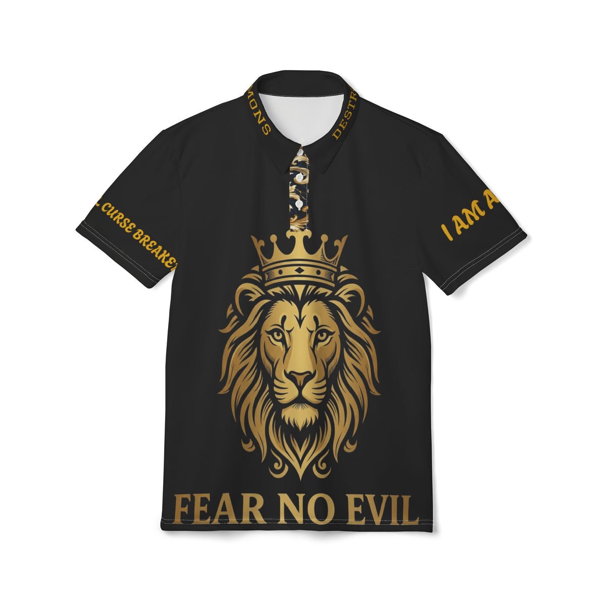 Fear No Evil Lion Polo Shirt — Regal Crowned Lion Graphic
