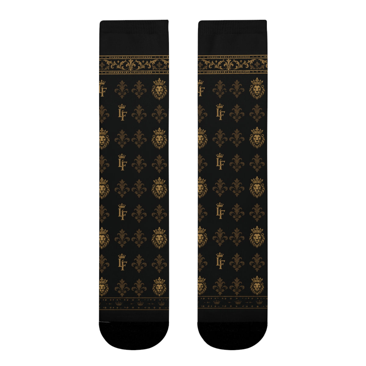Elegant Gold Fleur-de-Lis Crew Socks — Black Sublimation Pattern LegacyForged™