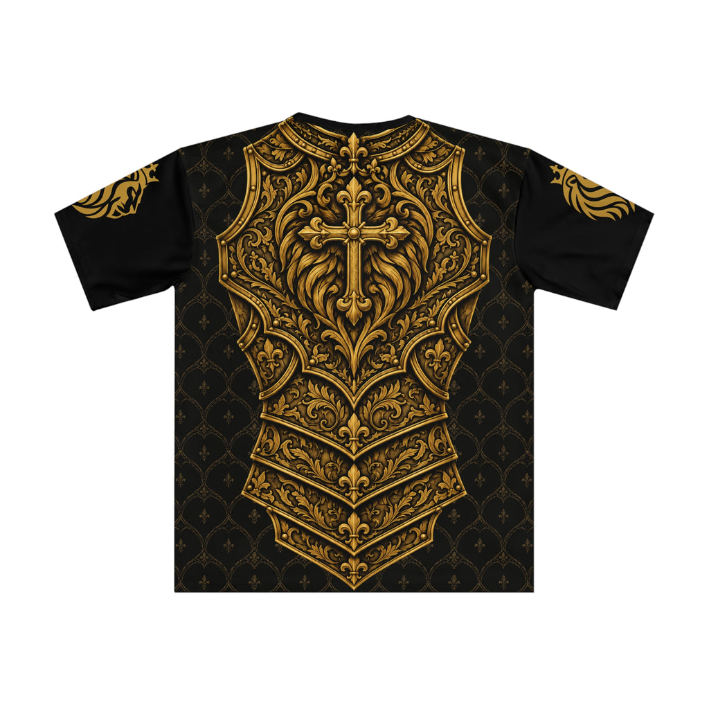 Heraldic Crowned Lion Loose T-Shirt — Antique Gold Lion Crest Tee for Men