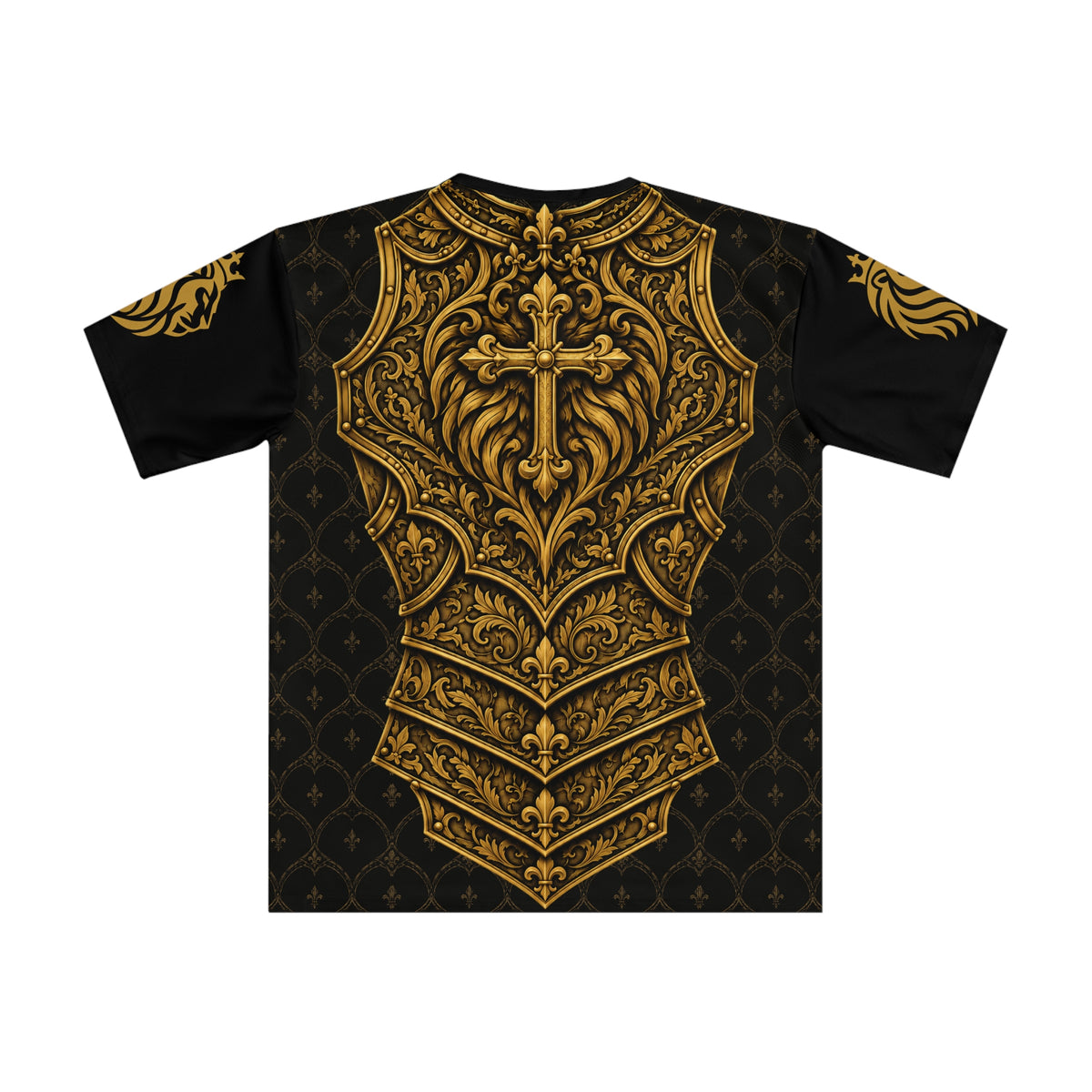 Heraldic Crowned Lion Loose T-Shirt — Antique Gold Lion Crest Tee for Men