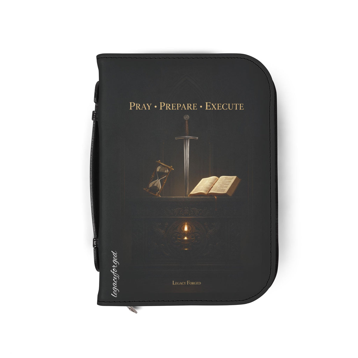 Bible Cover — "Pray • Prepare • Execute" Sword & Open Bible Zippered Cover LegacyForged™