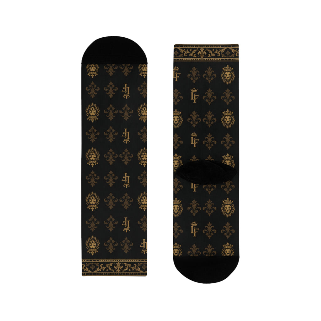Elegant Gold Fleur-de-Lis Crew Socks — Black Sublimation Pattern LegacyForged™