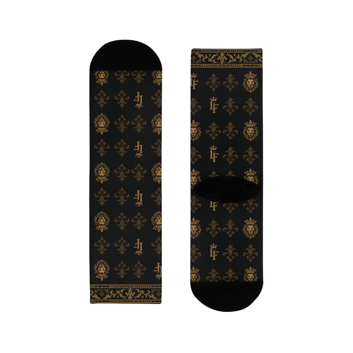 Elegant Gold Fleur-de-Lis Crew Socks — Black Sublimation Pattern LegacyForged™
