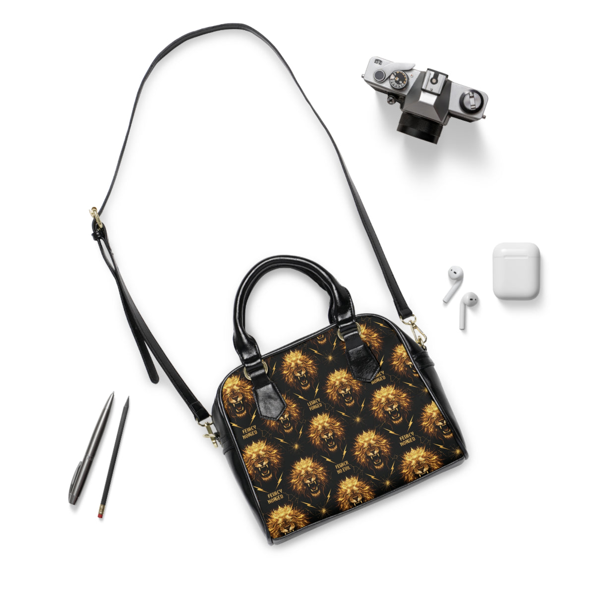 Lion Pattern Shoulder Handbag — Black & Gold Fierce Lion