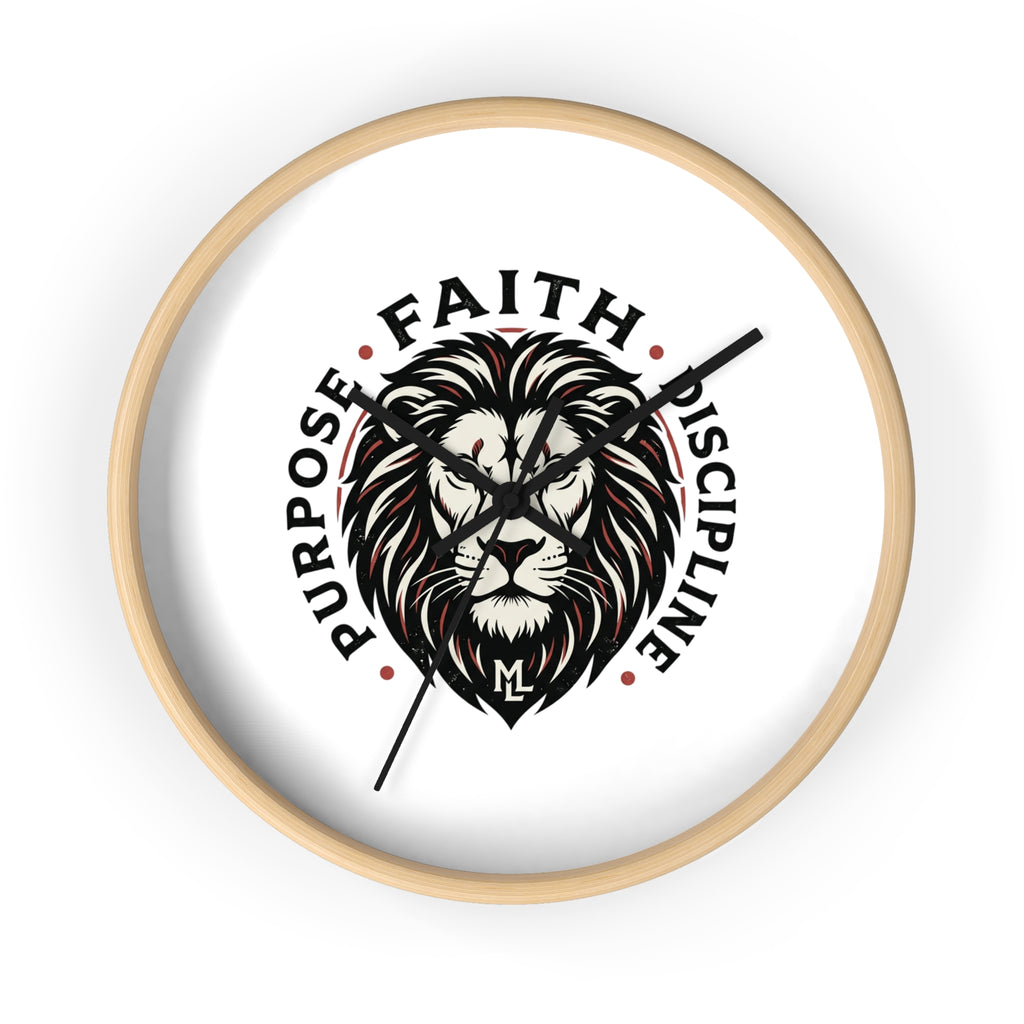 Lion Emblem Wall Clock — "Purpose • Faith • Discipline" Motivational Home Decor