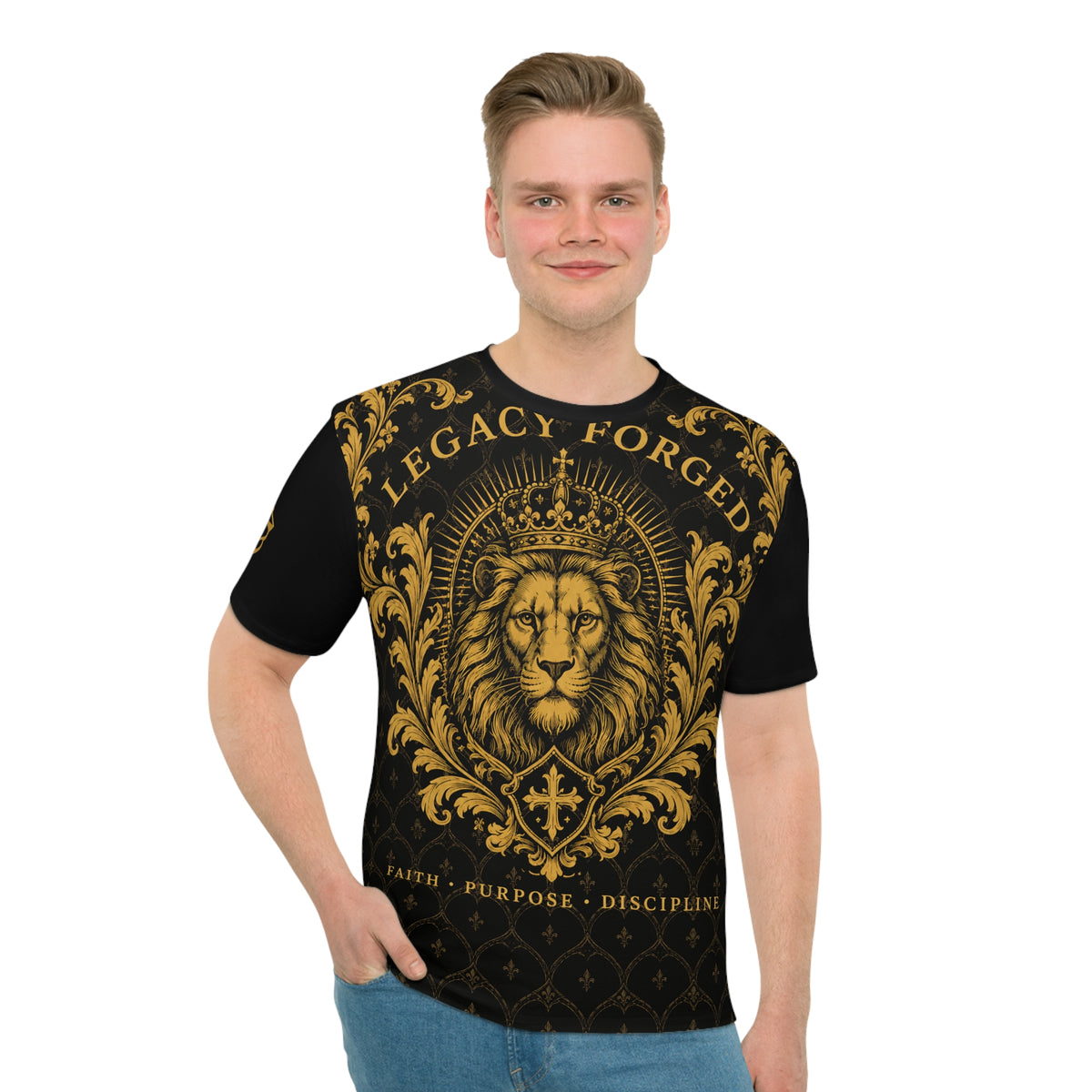 Heraldic Crowned Lion Loose T-Shirt — Antique Gold Lion Crest Tee for Men