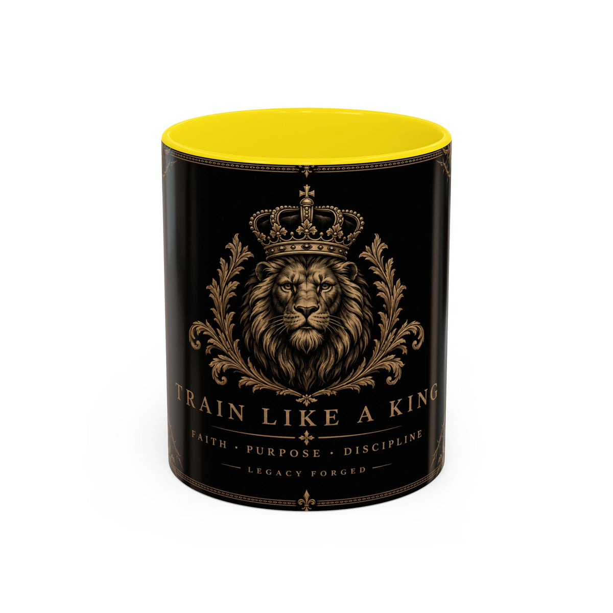 Train Like a King Coffee Mug — Lion Crown Motivational Black Tea Mug (11/15oz)