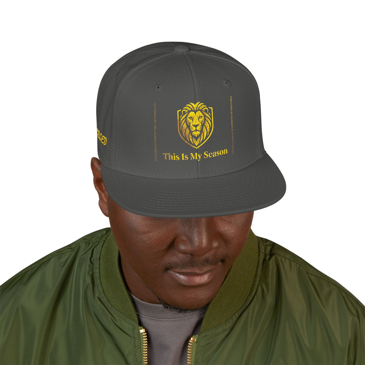 Gold Embroidered Crest Snapback Hat – Vintage Shield Logo Cap