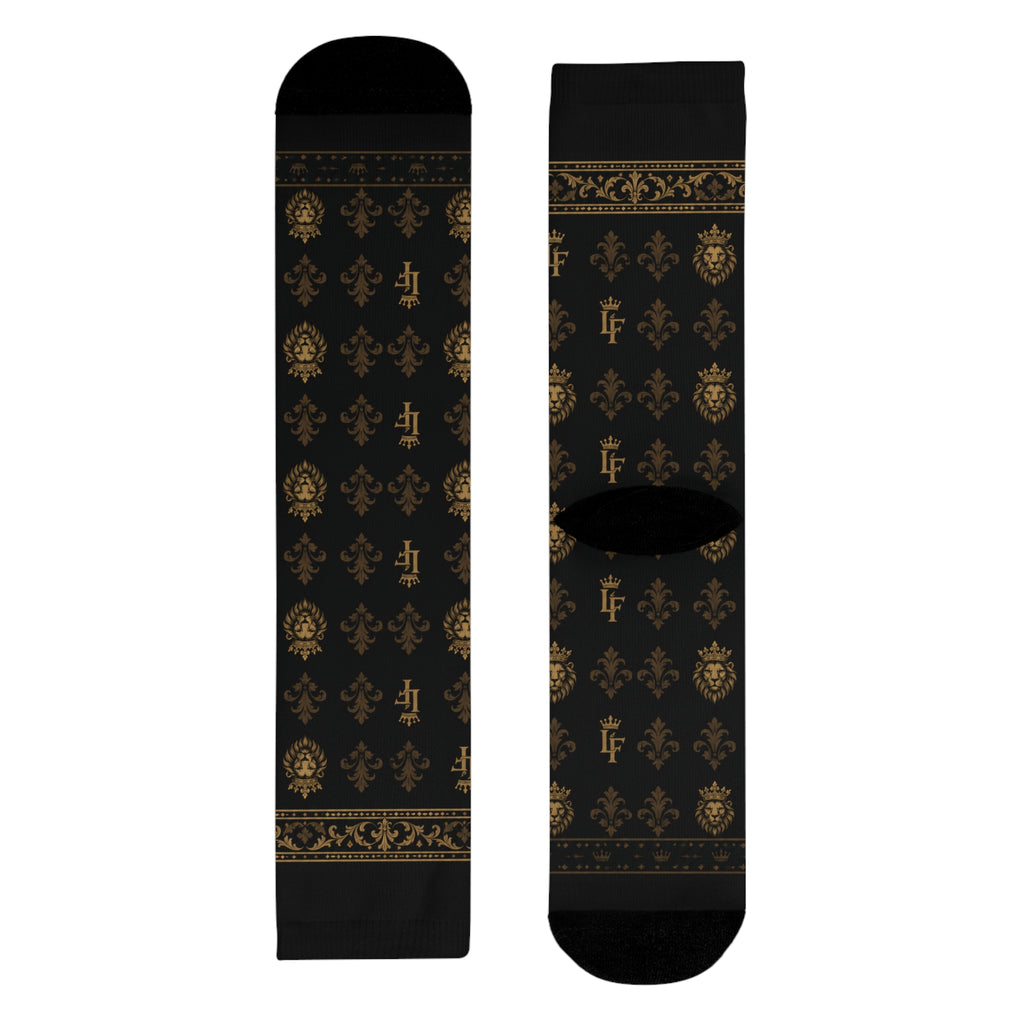 Elegant Gold Fleur-de-Lis Crew Socks — Black Sublimation Pattern LegacyForged™