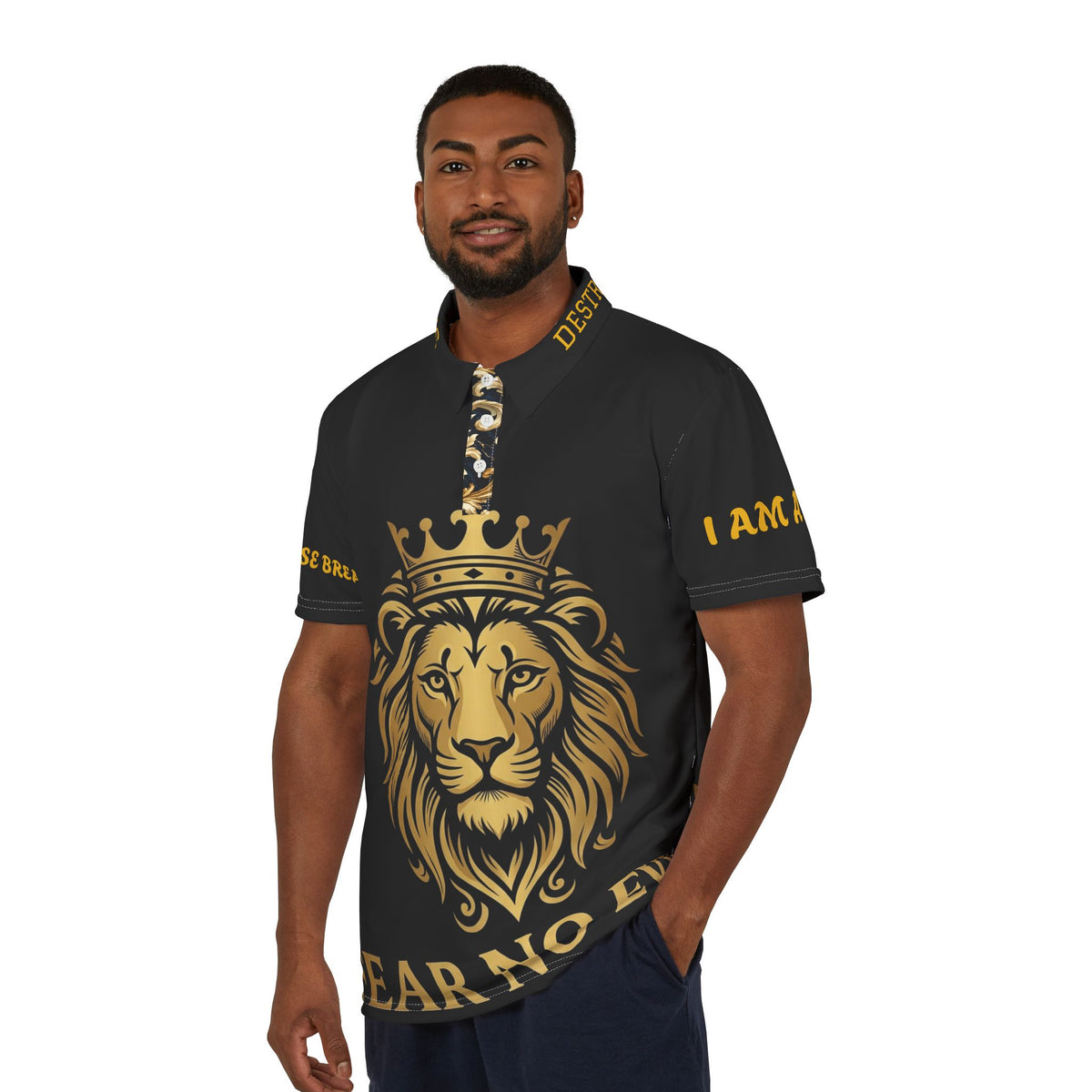 Fear No Evil Lion Polo Shirt — Regal Crowned Lion Graphic