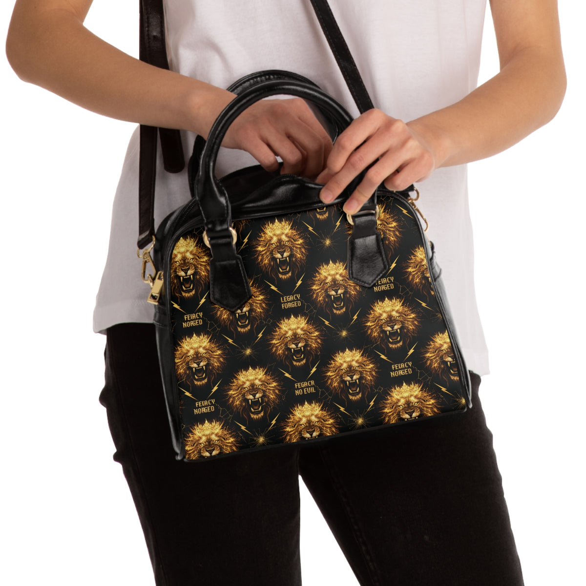 Lion Pattern Shoulder Handbag — Black & Gold Fierce Lion