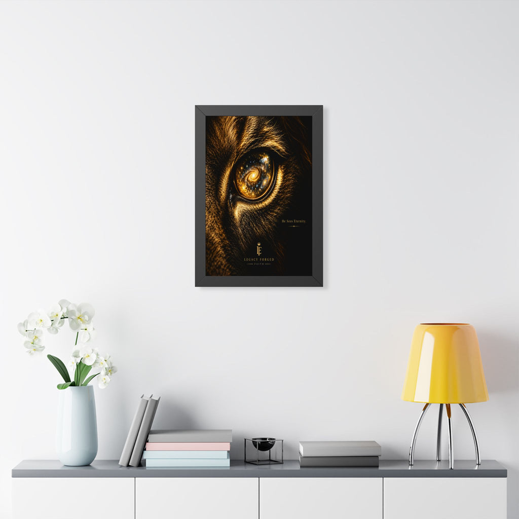Golden Lion Eye Framed Poster — Cosmic Galaxy Artwork LegacyForged™