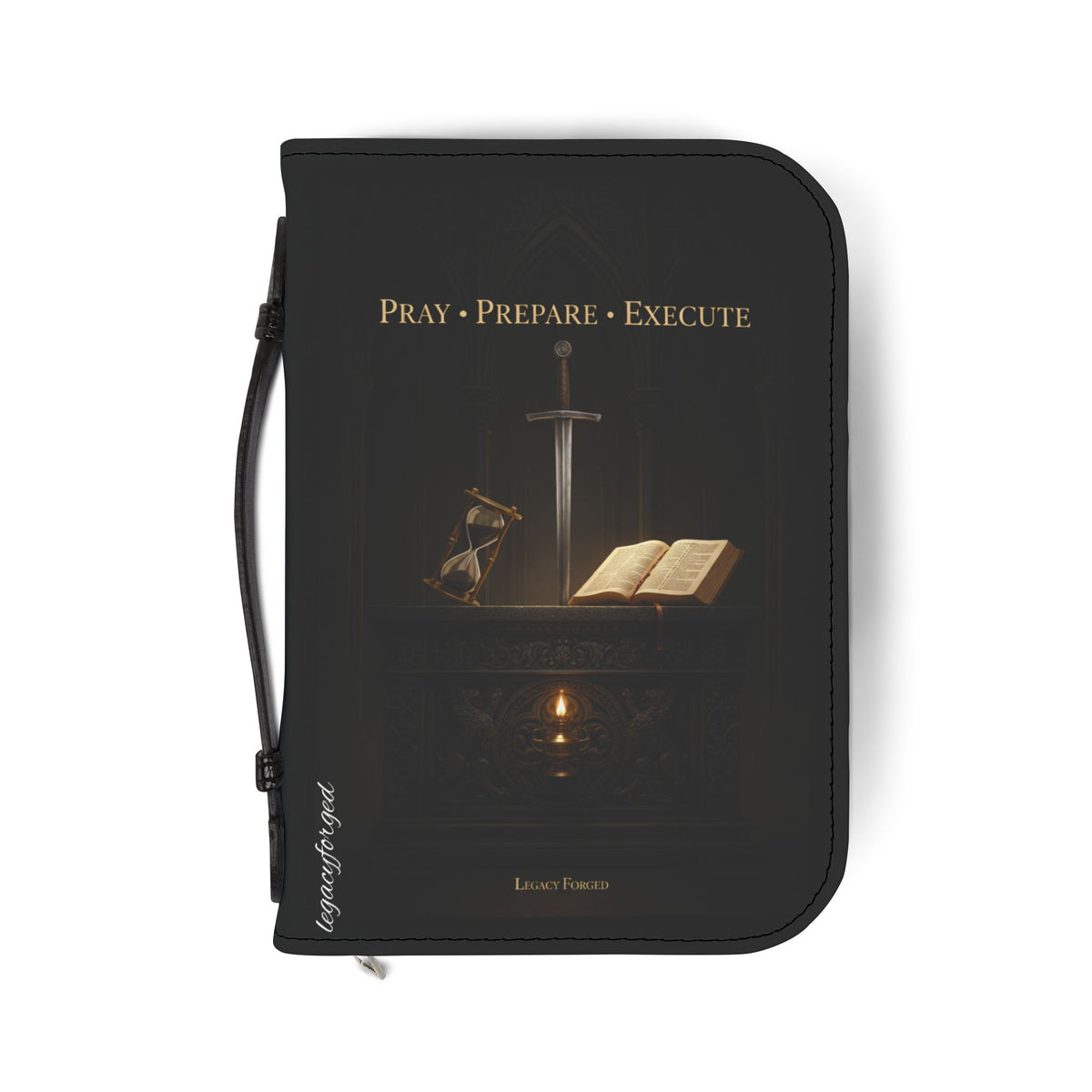 Bible Cover — "Pray • Prepare • Execute" Sword & Open Bible Zippered Cover LegacyForged™