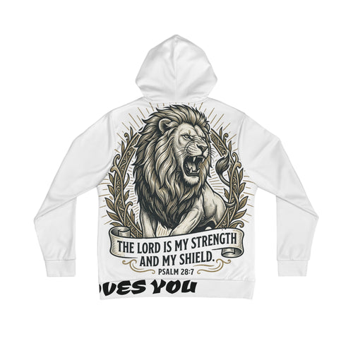Christian Lion Hoodie — "The Lord Is My Strength and My Shield" (Psalm 28:7) LegacyForged™