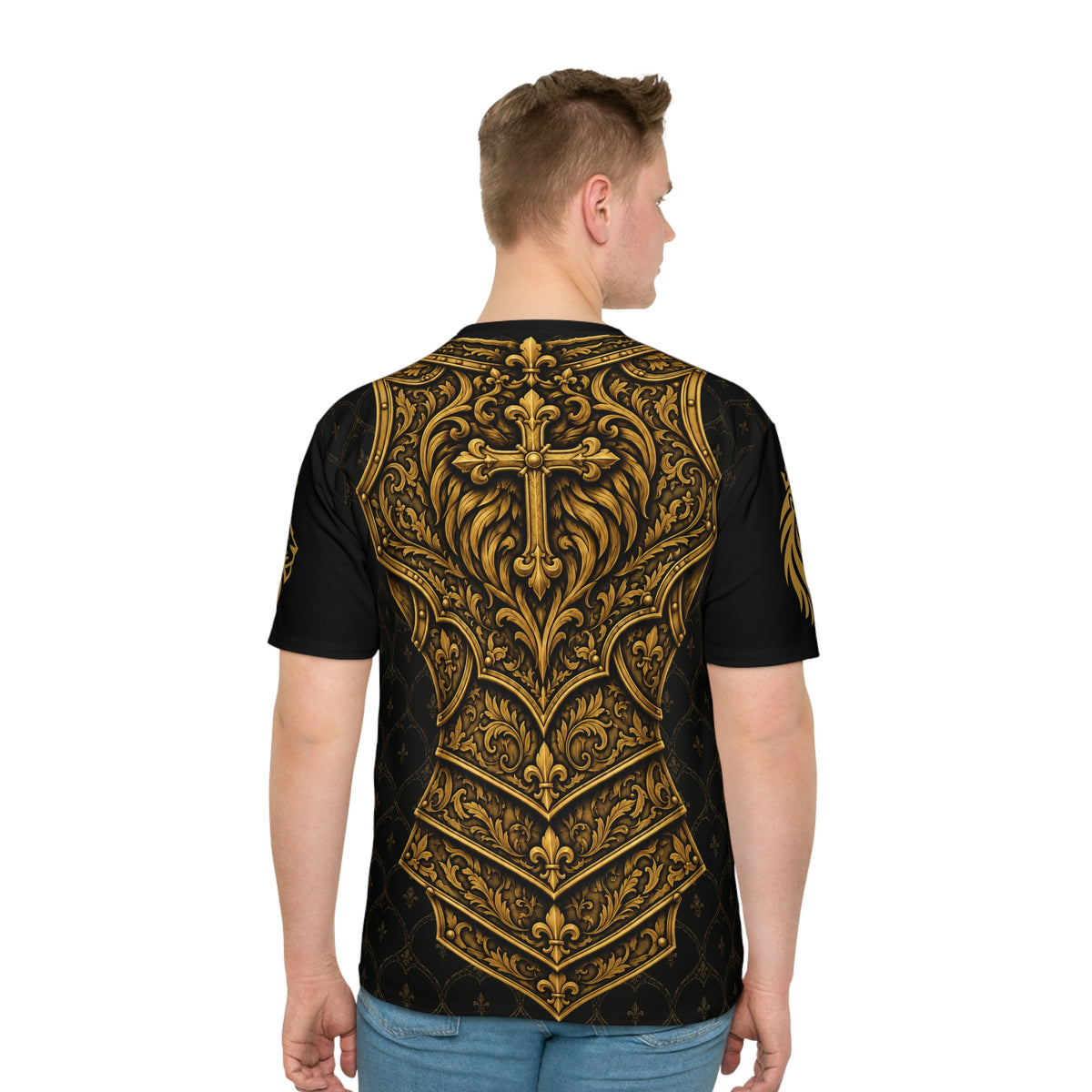 Heraldic Crowned Lion Loose T-Shirt — Antique Gold Lion Crest Tee for Men