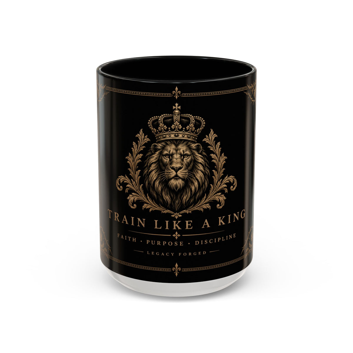 Train Like a King Coffee Mug — Lion Crown Motivational Black Tea Mug (11/15oz)