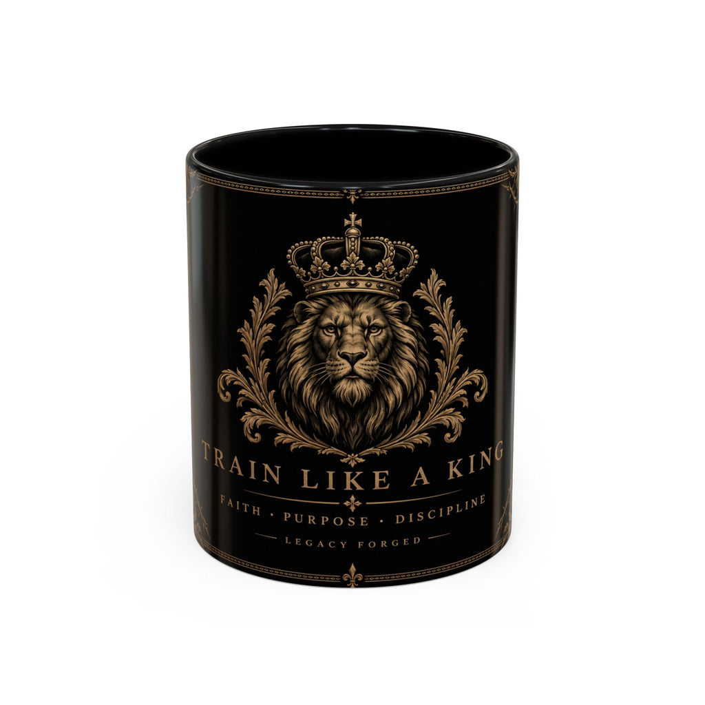 Train Like a King Coffee Mug — Lion Crown Motivational Black Tea Mug (11/15oz)