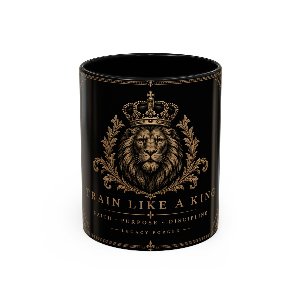 Train Like a King Coffee Mug — Lion Crown Motivational Black Tea Mug (11/15oz)