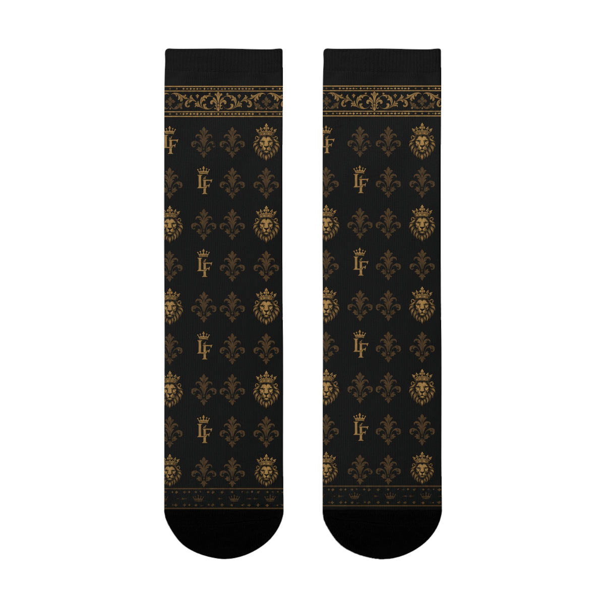 Elegant Gold Fleur-de-Lis Crew Socks — Black Sublimation Pattern LegacyForged™