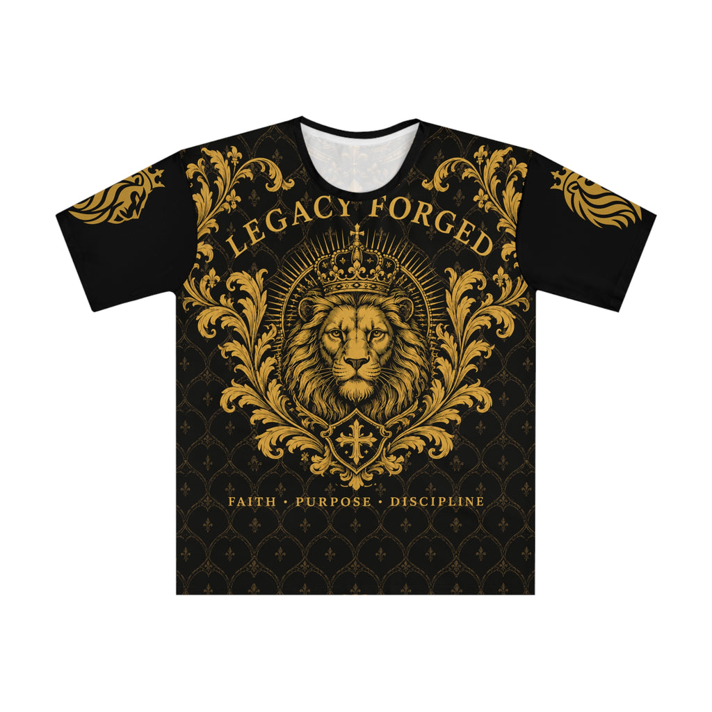 Heraldic Crowned Lion Loose T-Shirt — Antique Gold Lion Crest Tee for Men