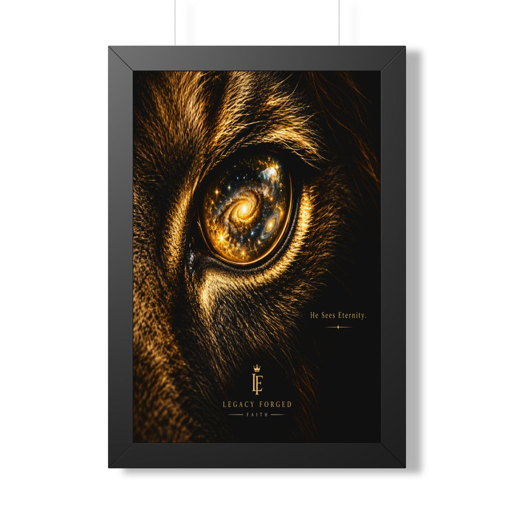 Golden Lion Eye Framed Poster — Cosmic Galaxy Artwork LegacyForged™