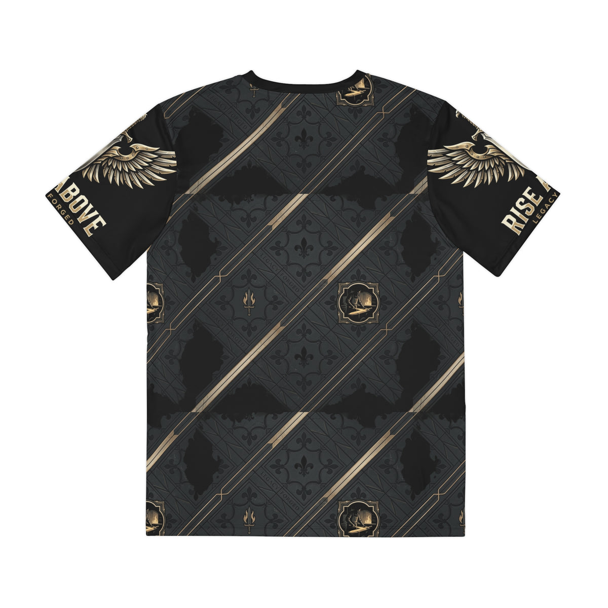 Rise Above Men’s All-Over Print Tee — Dark Heraldic Wings & Crest Pattern LegacyForged™