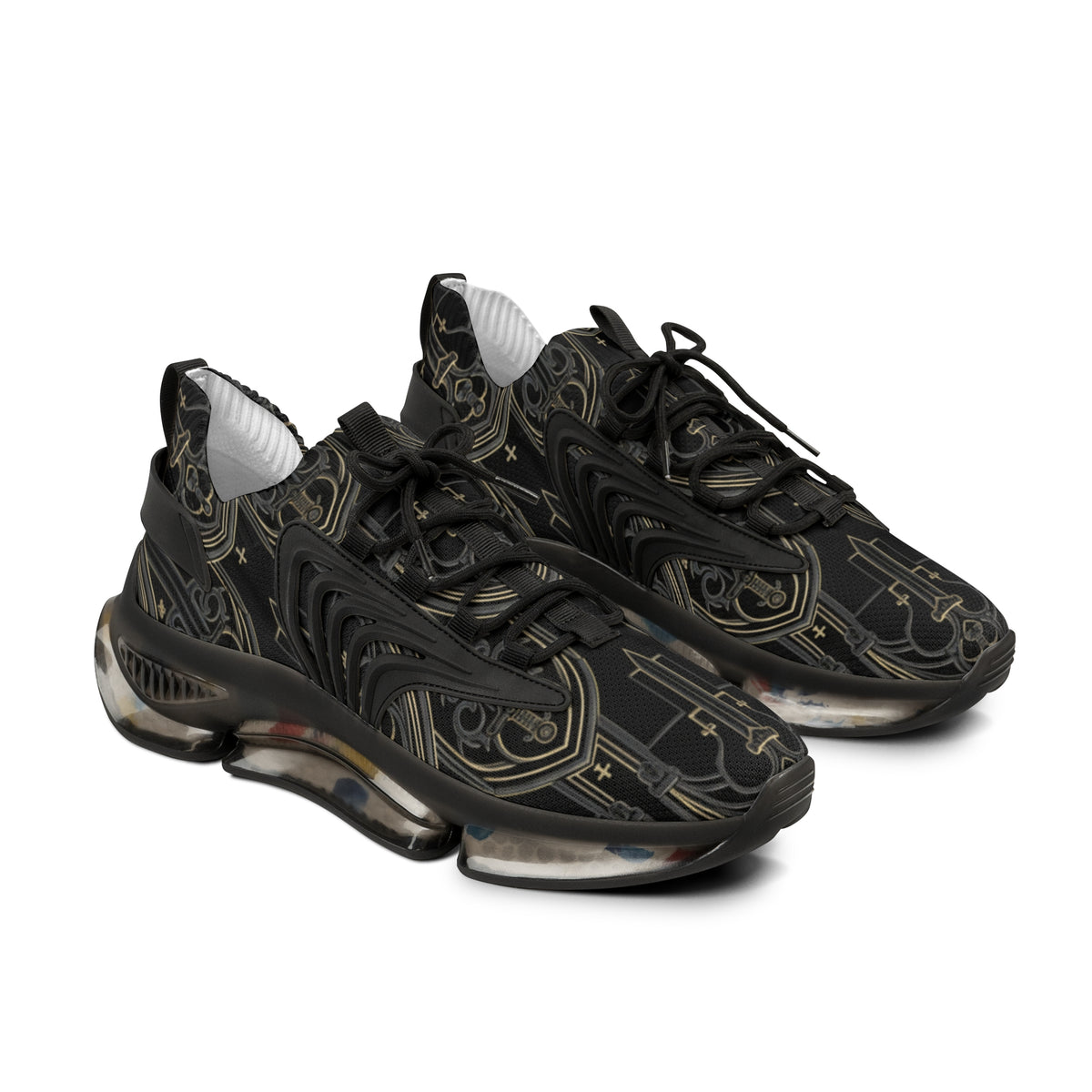 Men’s Athletic Sneakers — Black Gothic Sword Pattern Mesh Trainers