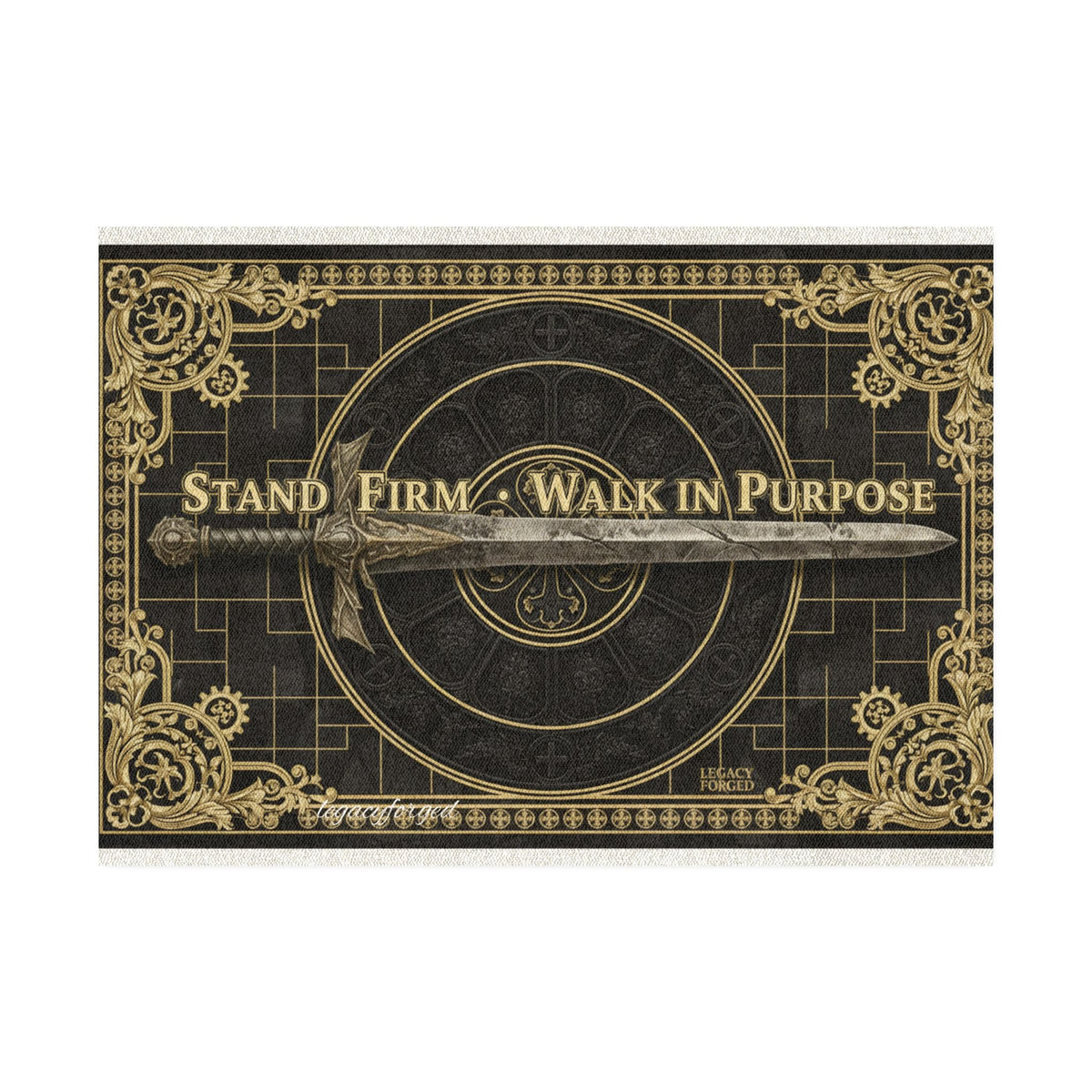 Stand Firm Walk in Purpose Decorative Rug — Inspirational Sword Entry Mat LegacyForged™