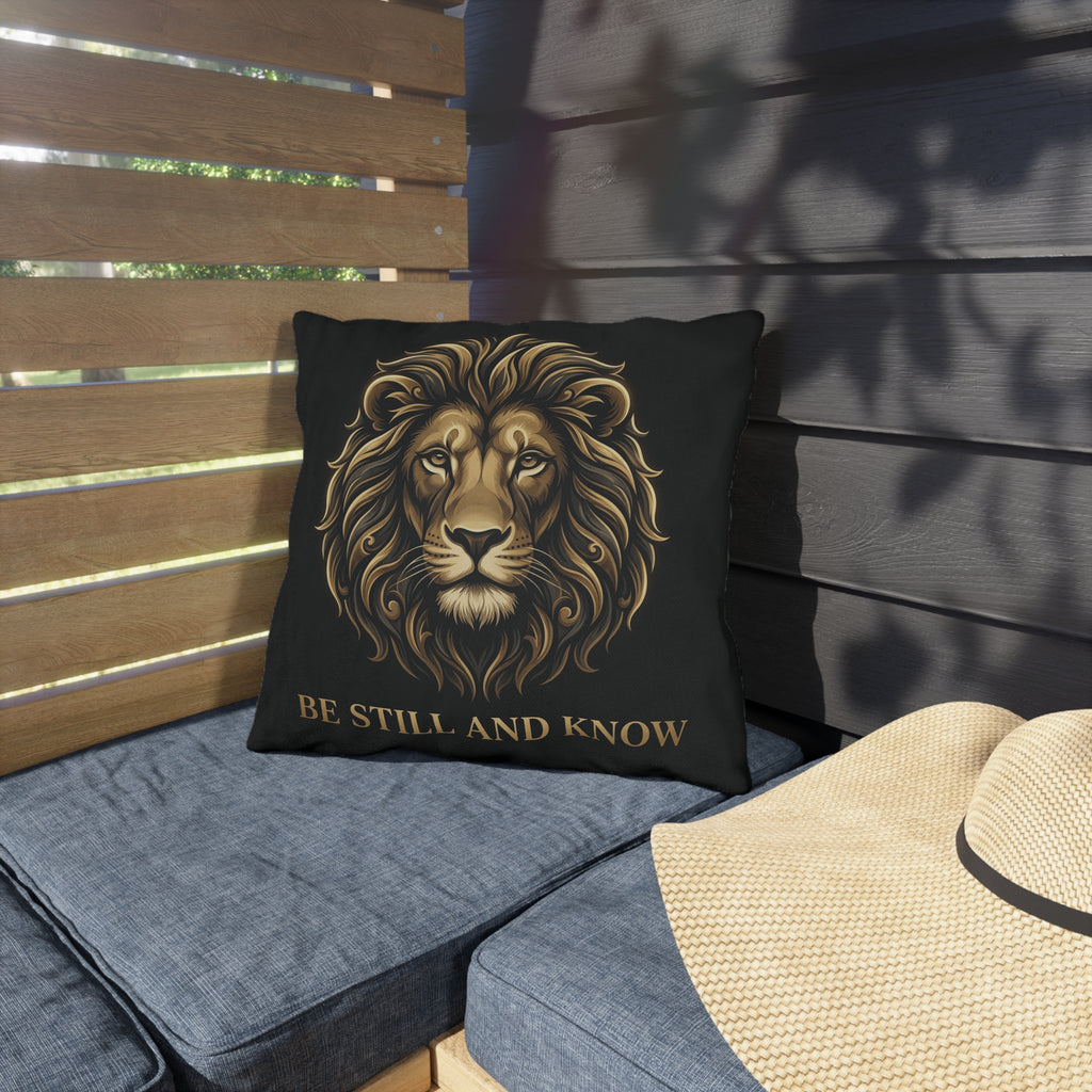 Be Still and Know Lion Outdoor Pillow — Inspirational Garden Cushion