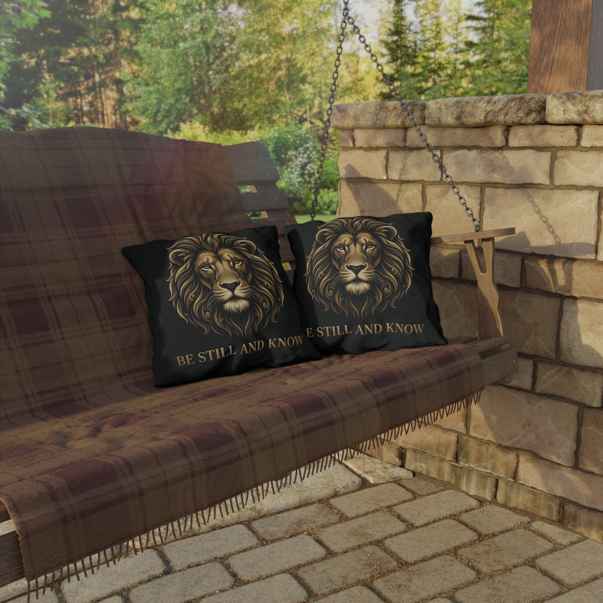 Be Still and Know Lion Outdoor Pillow — Inspirational Garden Cushion