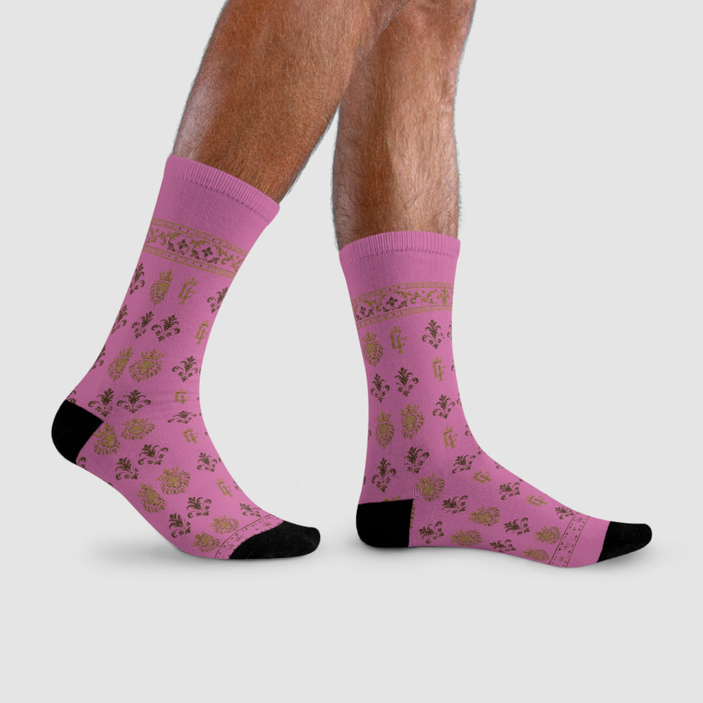 Pink Gold Damask Crew Socks — Floral Vintage Pattern Sublimation LegacyForged™