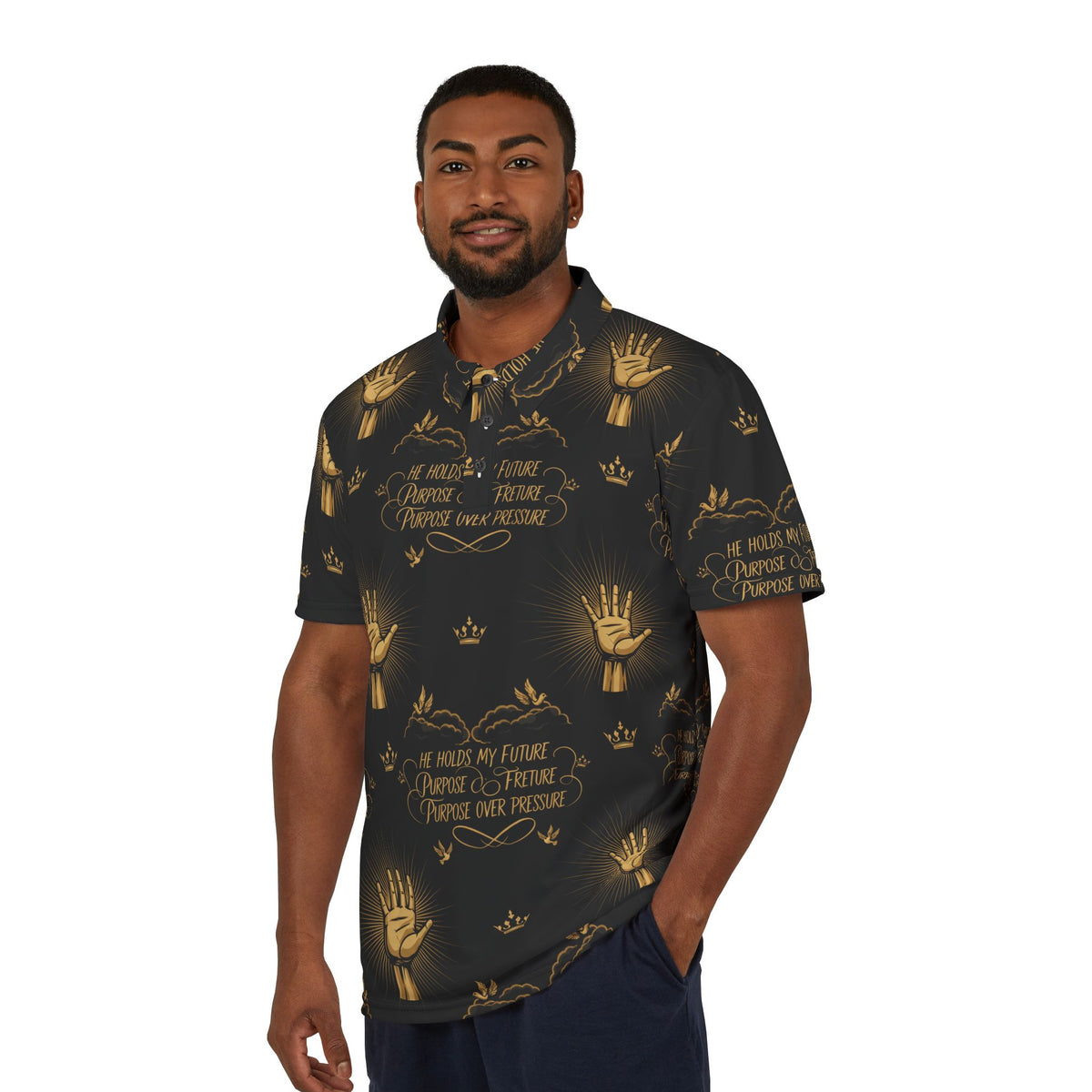 Gold Handprint Pattern Polo Shirt — Inspirational "He Raises Me Up"