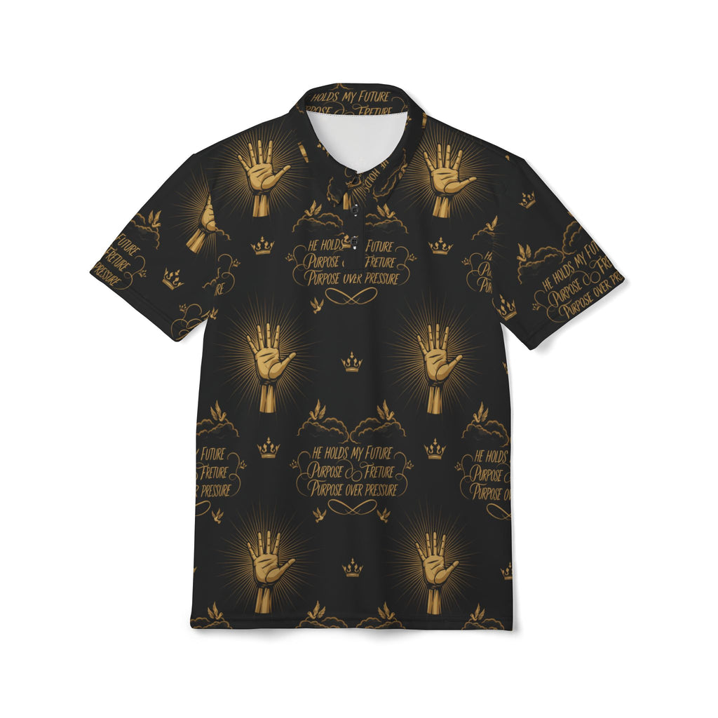 Gold Handprint Pattern Polo Shirt — Inspirational "He Raises Me Up"