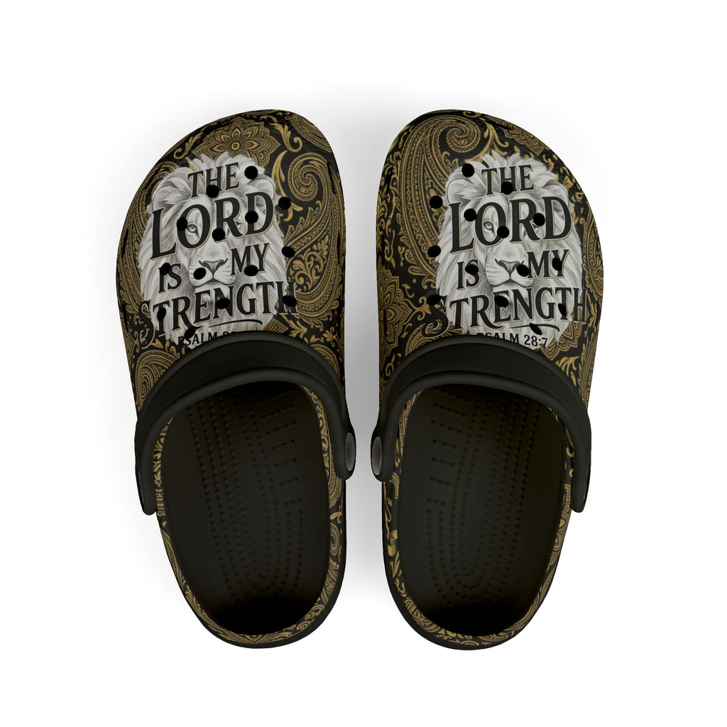 Kids Clogs - "The Lord Is My Strength" Brown Paisley Christian Foam Clogs