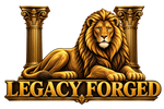 Luxury LEGACY FORGED lion logo framed by gold pillars